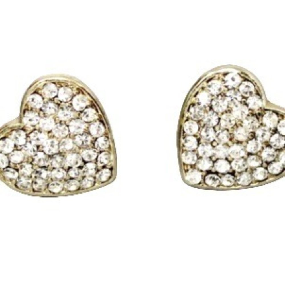 Rhinestone Heart Stud Earrings Gold NWT